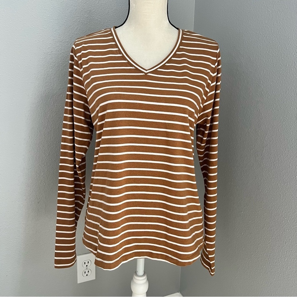 Orvis Perfect Long-Sleeve Brown and White Striped V-Neck Shirt